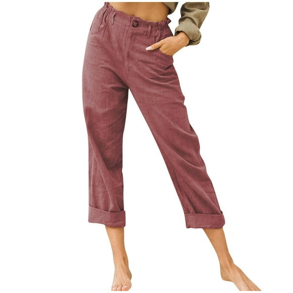 Linen Pants Women Summer Plus Size Casual Solid Color Comfy High Rise Pants for Women Fashion Loose Fit Daily Linen And Cotton Lightweight Party Vacation Beach Pants with Pocket（Wine,XL）
