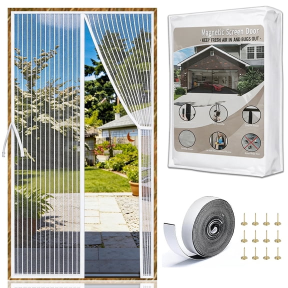AuraLane Magnetic Screen Door Fit Door 32"x80",Heavy Duty Hands Free Mesh Curtain Keeps Bugs Out for Pet and Kid Friendly,White