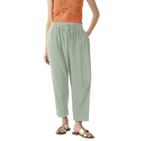 Womens Casual Capri Pants with Drawstring Elastic Waist Comfy Wide Leg Loose Trousers