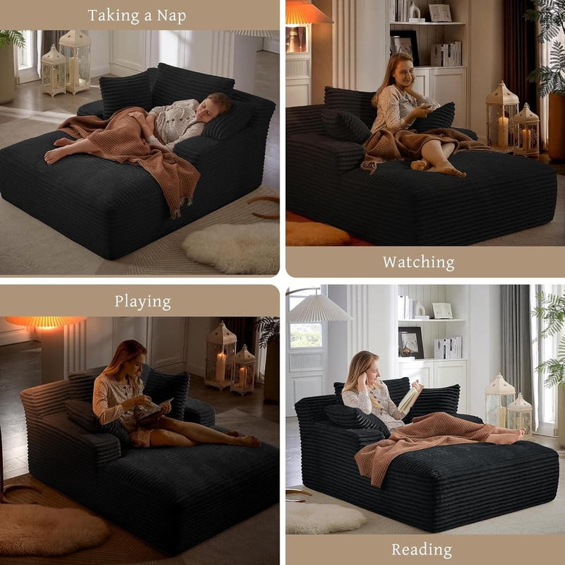 Oversized Chaise Lounge Chair Indoor, Upholstered Sofa Bed Sleeper Sofa Corduroy Cloud Couch Boneless Sofa Reading Chair with 3 Pillows for Living Room, 49.2''x66.1''