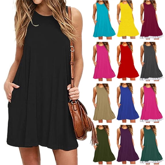 Pntutb Womens Plus Size Dresses,Womans Party Dress O Neck Casual Pockets Sleeveless Above Knee Dress