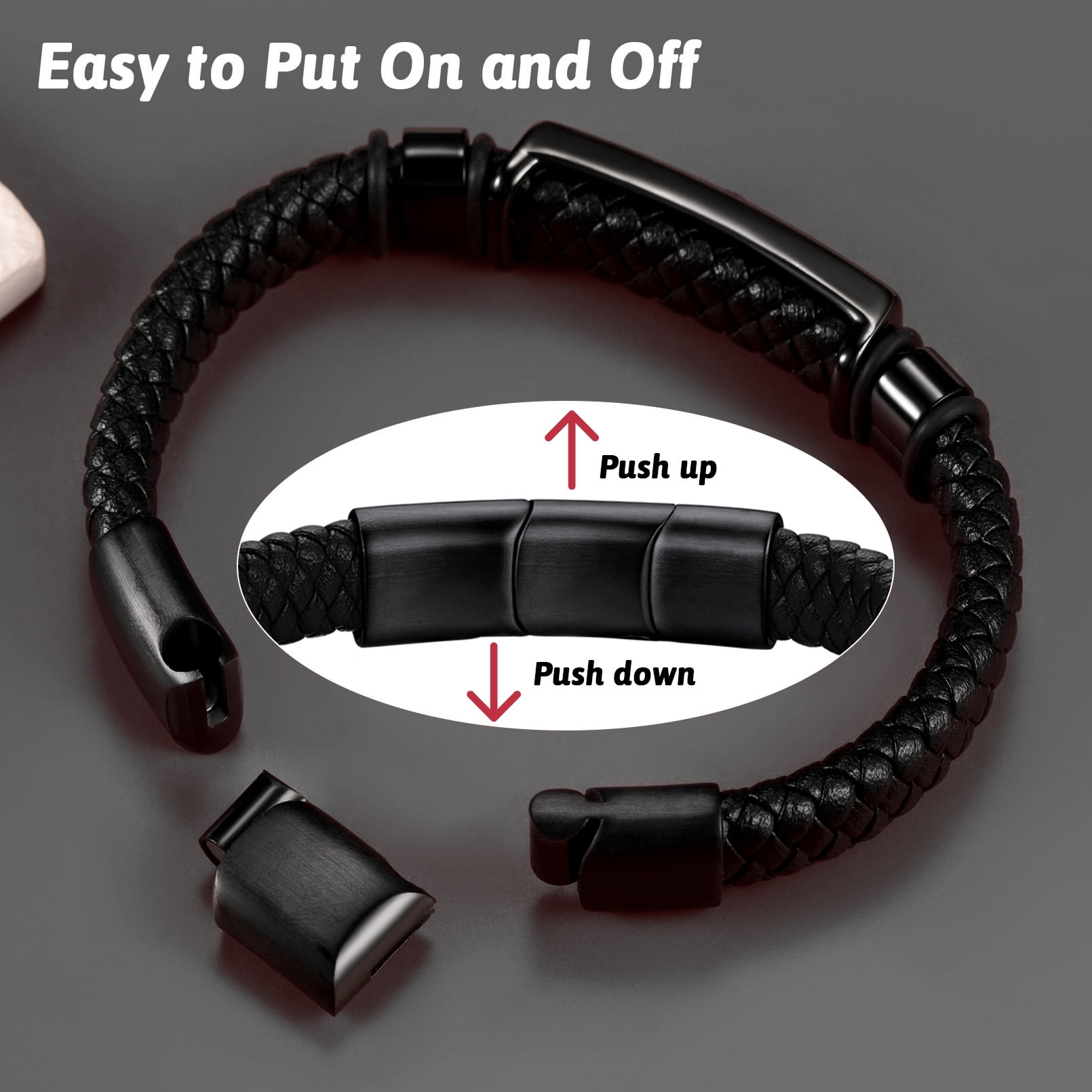 FaithHeart Black Leather Bracelet for Men Stainless Steel Thor's Hammer Bangles Braided Wristband Waterproof Punk Cuff Charm Bracelet Buckle Clasp Jewelry Gift for Boyfriend Husband Valentine's Day