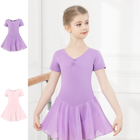 Bmisegm Dance Outfits for Girls Short Sleeve V Neck Leotard with Attached Flowy Skirt Ballet Practice Kids Dress 12-16 Years