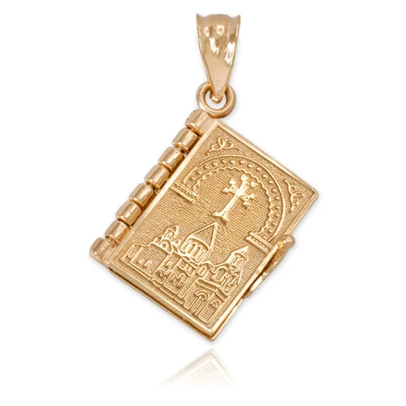 Solid Gold Armenian Christian Open Holy Bible (10K Yellow Gold, Pendant)