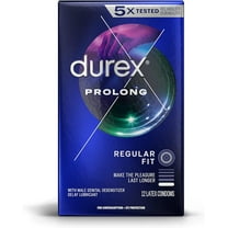 Durex Condom Prolong Natural Latex Condoms, 12 Count - Ultra Fine, ribbed and dotted with delay lubricant, Regular Fit
