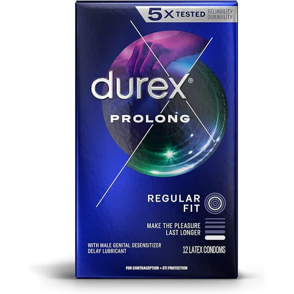 Durex Condom Prolong Natural Latex Condoms, 12 Count - Ultra Fine, ribbed and dotted with delay lubricant, Regular Fit