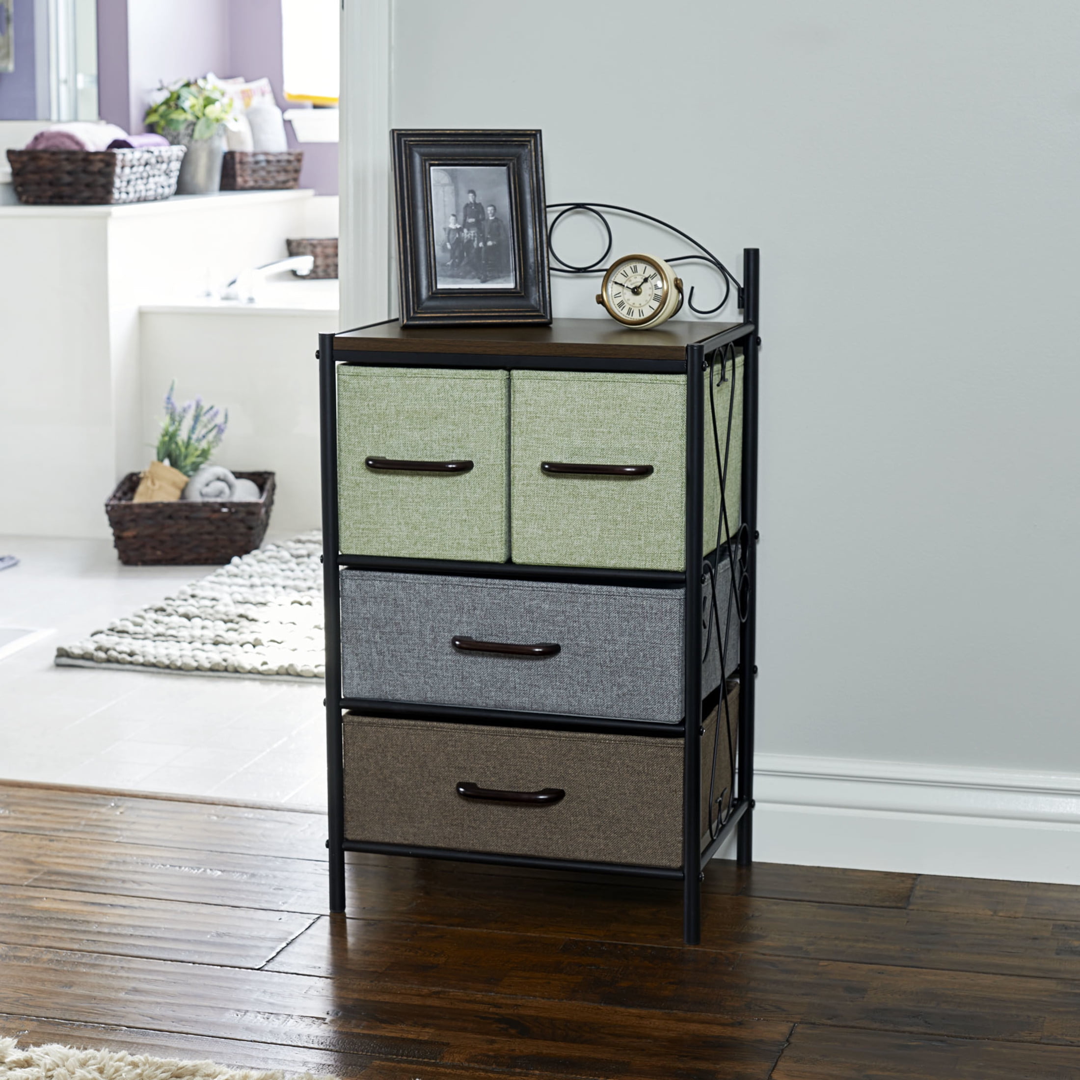 Household Essentials Victoria Dresser Nightstand Storage Organizer with 4 Multicolor Drawers Black Metal Frame and Mid Century Walnut Wood Grain Top