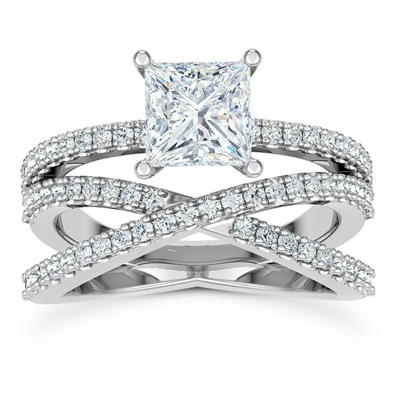 Oryn Jewel Diamond Bridal Jewelry - Princess Cut Lab Created Stone Criss Cross Engagement Ring - White Gold Over 14K Pave Set 1.7 Ct Design - Wedding Band for Her to Celebrate Special Events