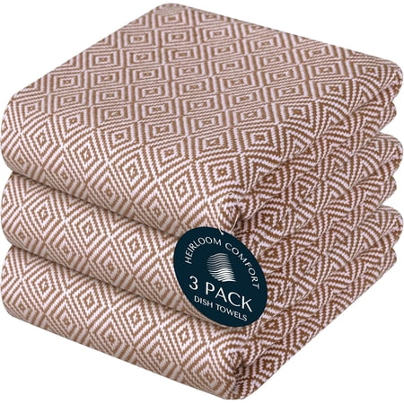 JJEAN-Brown Dish Towels 3 Pack Ultra Absorbent 16 x26 Diamond Weave Towel Set Reusable Durable Quick Dry Cotton Kitchen Towels for Cleaning Counters Drying Dishes Everyday Cleanup