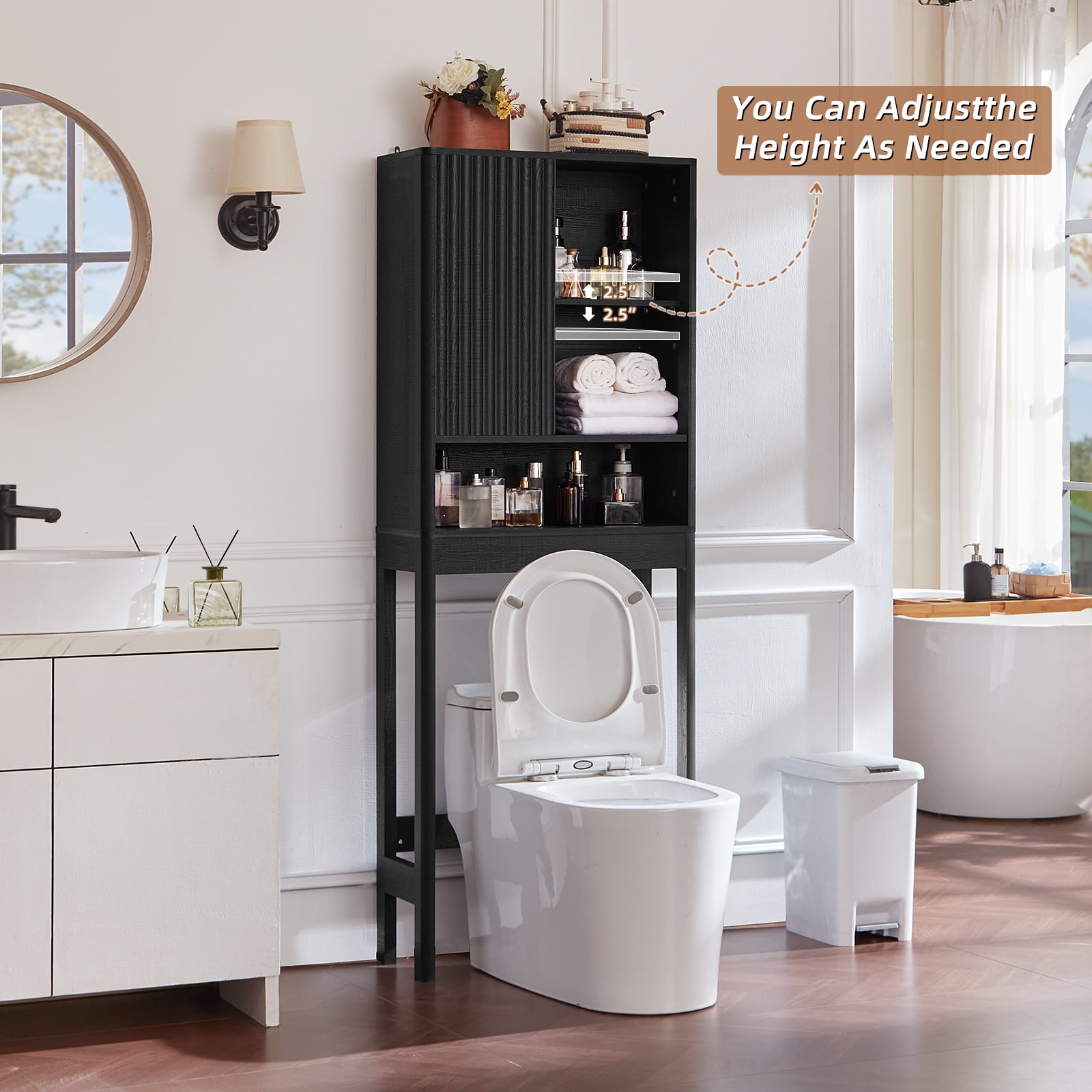 LELELINKY Over The Toilet Storage Cabinet with Rattan Sliding Door, 68" Tall Wood Bathroom Organizer with Adjustable Shelf for Small Spaces, Black