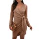 thumbnail image 1 of Vestido de manga larga con cuello en V, minivestido sólido con cintura y lazo, vestido irregular Irfora Beige/Medio, 1 of 7