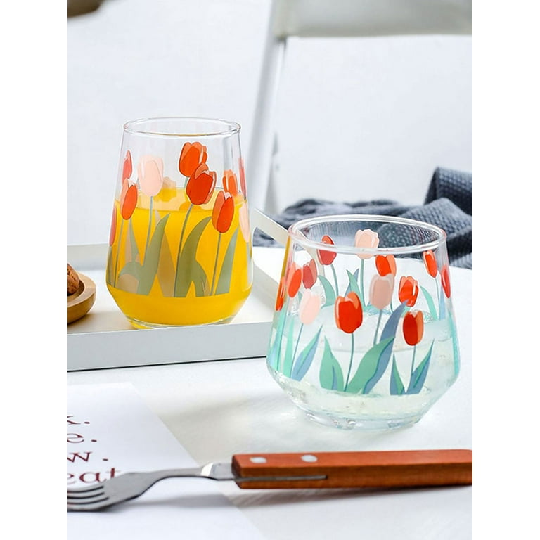 Tulip Glass Can Flower Glass Cup, Aesthetic Glass, Floral Beer Can, Clear  Mug, Glass Coffee Cup, Spring Garden Party Drinks 