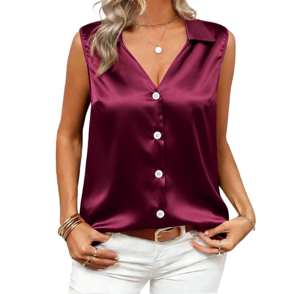 ZQGJB Womens Silk Satin Sleeveless Button Down Shirts Blouses Solid Casual Loose V Neck Classic Tank Tops for Business Work Office