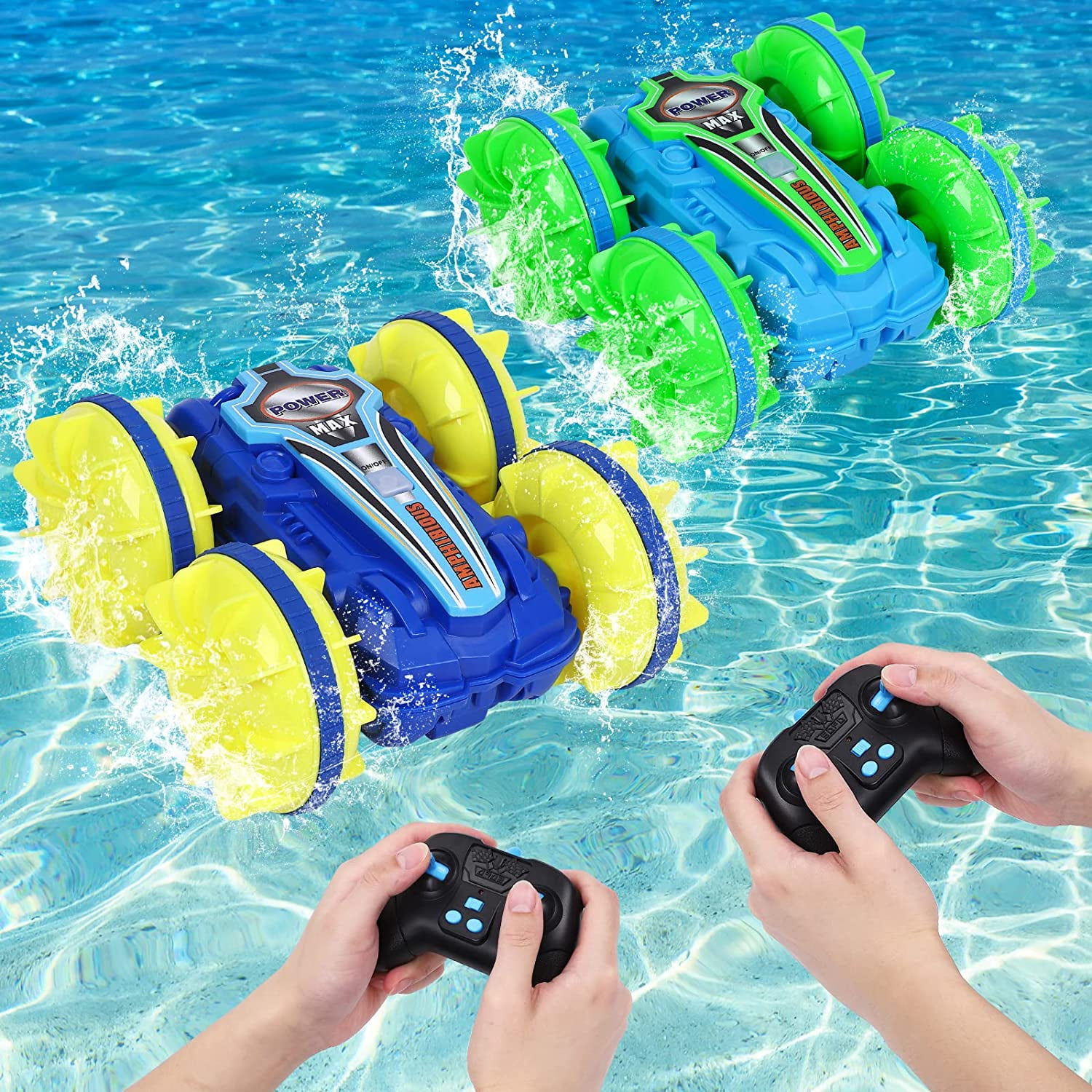 2PCS Amphibious Remote Control Cars for Boys, 4WD 2.4GHz Waterproof RC Stunt Car for Kids, All