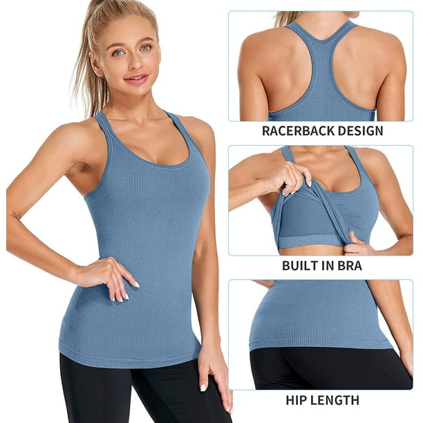 Women Tank with Built-in Bra, Solid 2-in-1 Camisoles with Built in