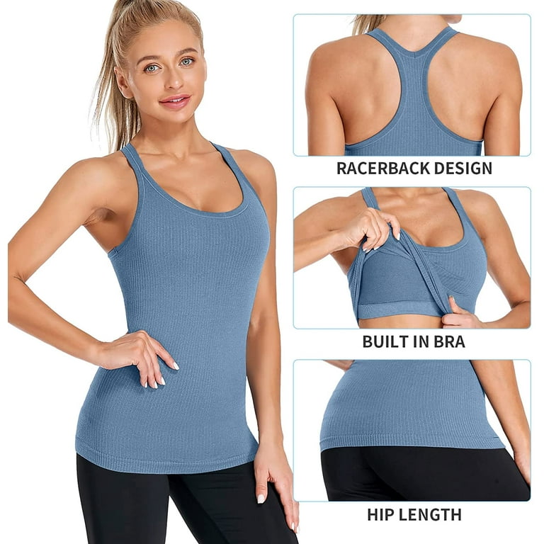 Women's Ribbed Camisole Workout Tank Tops with Built in Bra Basic