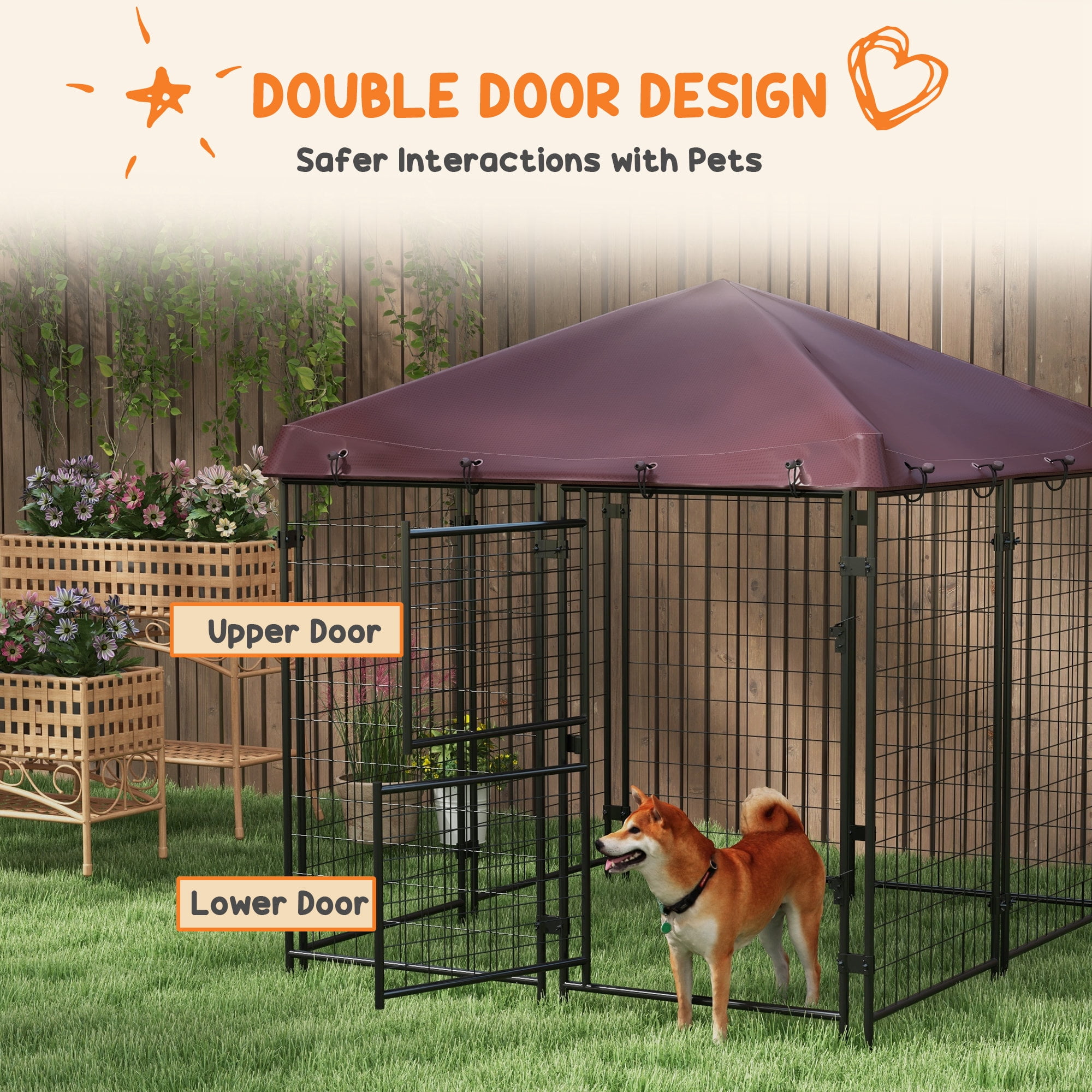Luxvie Dog Kennel Outdoor with Waterproof Cover, Dog Playpen for Small and Medium-Sized Dogs with Two Part Door Design, Brown