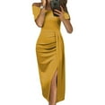 thumbnail image 3 of Elainilye Fashion Off Shoulder Dresses for Women Sexy Solid High Slit Waist Ruched Dresses Bodycon Evening Party Dress,Yellow, 3 of 7