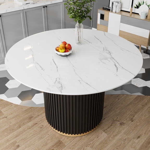 TK 46 Inch Round Faux Marble Dining Table Black Wave Metal Base with Gold Decoration - Accommodates 4 People for Kitchen & Dining Room