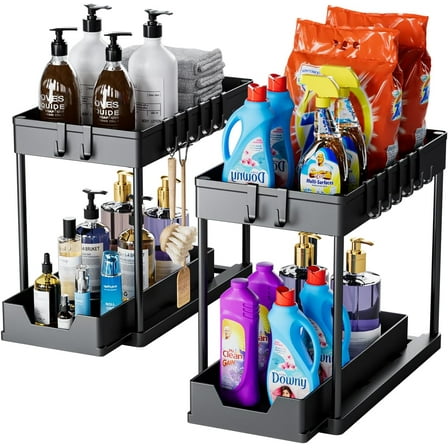 2 Pack Under Sink Organizers - 2 Tier Sliding Storage with Hooks, Multi-Purpose for Bathroom & Kitchen Cabinet, Black