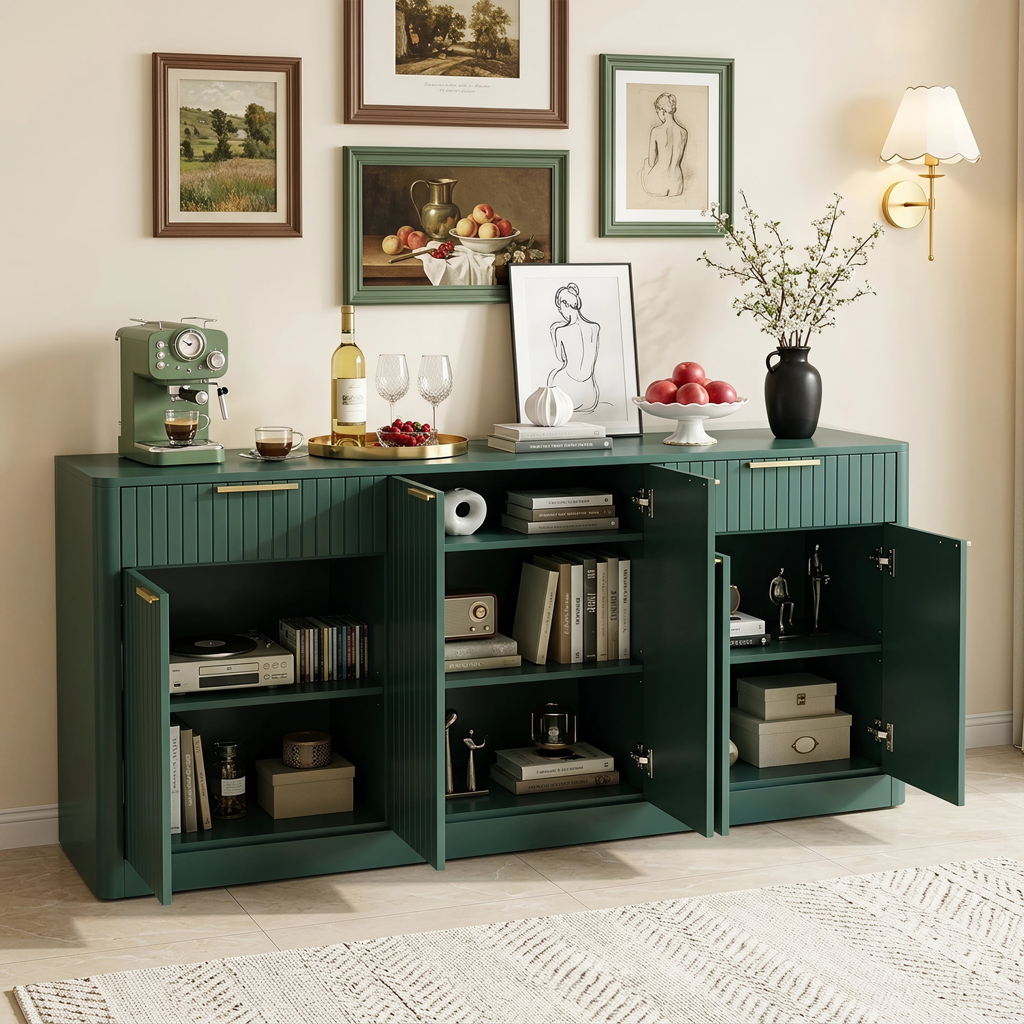 GARITIN 67 Inch Fluted Buffet Sideboard, Modern Wine Bar Storage Cabinet with 6 Doors & 2 Drawers, Coffee Bar Credenza for Dining Room Living Room Entryway, Dark Green