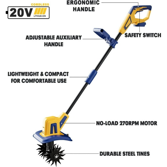Cordless Tiller Cultivator Compatible with Dewalt 20V Battery(Tool Only), Electric Garden Tiller w/270 RPM, 48 Steel Tines, 8.7" Tilling Width, 6.3" Depth, Portable Rotary Tiller