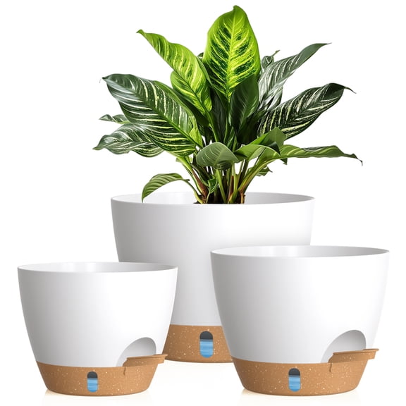UOUZ 3 pack Large Self Watering Plant Pots for Indoor Flowers, White/Brown Plastic Gardening Planters