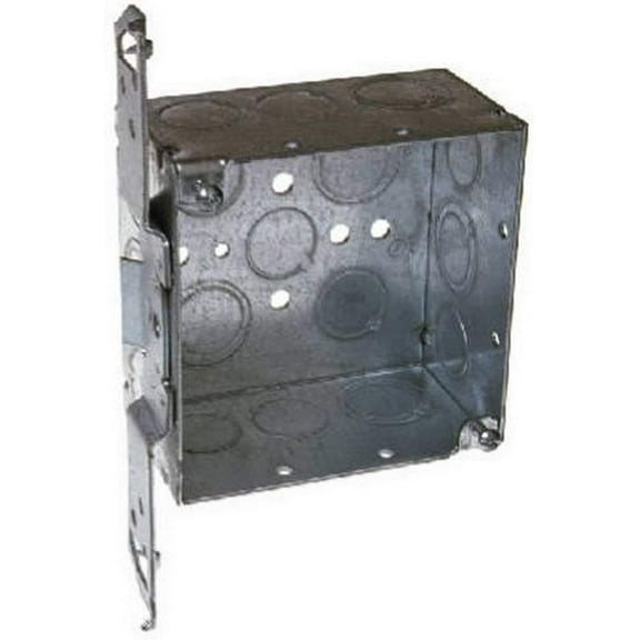 RACO 4" Square Electrical Box With Stud Bracket - Welded, 2-1/8" Deep, 1/2" & 3/4" KO