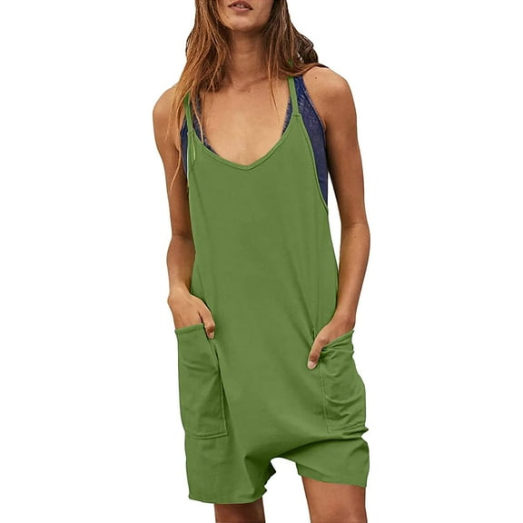 Baqcunre Rompers for Women 2023 Summer Sleeveless Rompers Loose Spaghetti Strap Shorts Jumpsuit with Pockets Pants for Women Jumpsuits for Women Overalls for Women Loose Fit Womens Clothes Green L