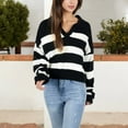 thumbnail image 6 of Women's Striped Long Sleeve Knit Sweater with V-Neck Collar- Small, Black, 6 of 6