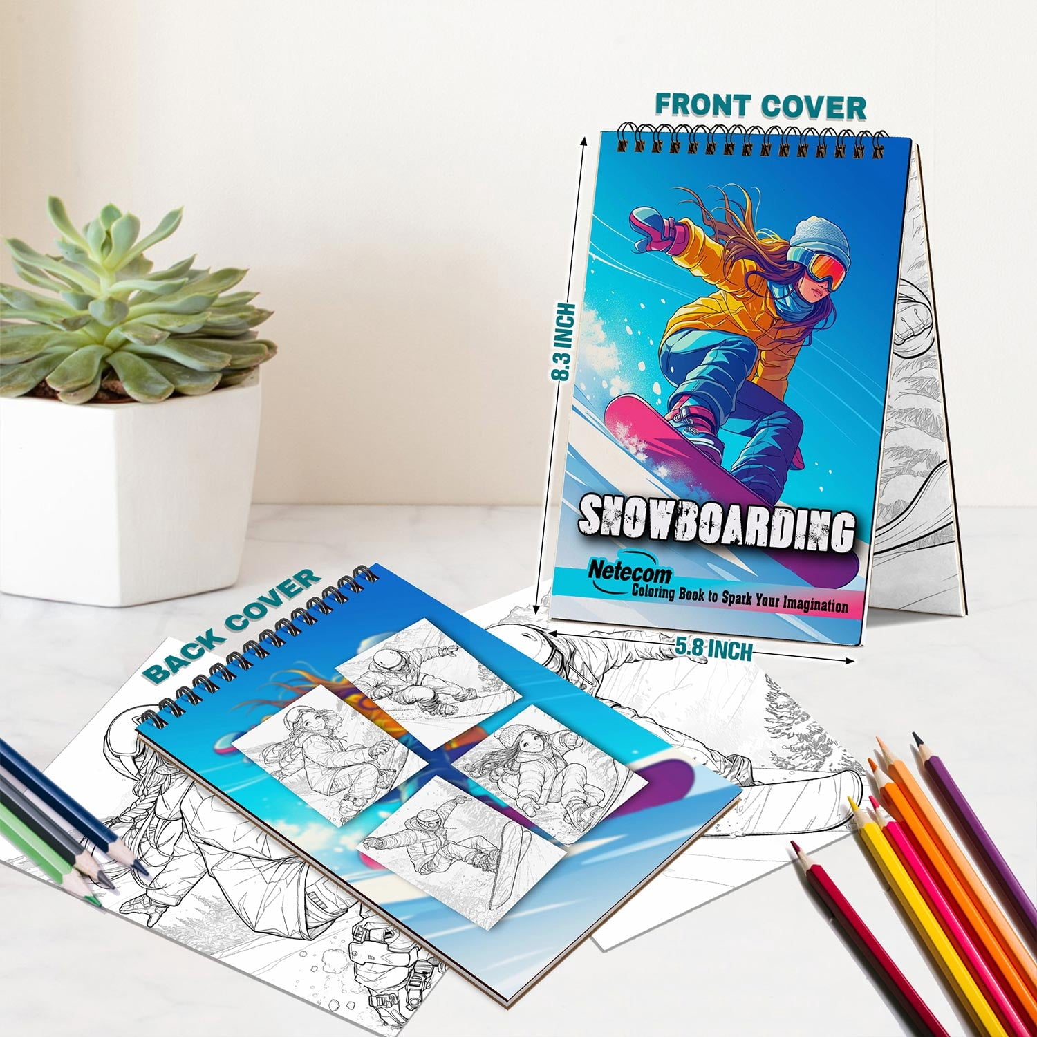 Netecom Snowboarding Coloring Book for Adults, A5 Wooden Cover, Spiral Bound, 30 Awesome Illustrations of Winter Sports for Stress Relief and Relaxation