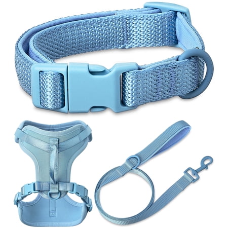 Vibrant Life Neoprene Cushioned Soft Blue Dog Walking Set, Adjustable Small Dog Collar and Harness with 6ft Leash