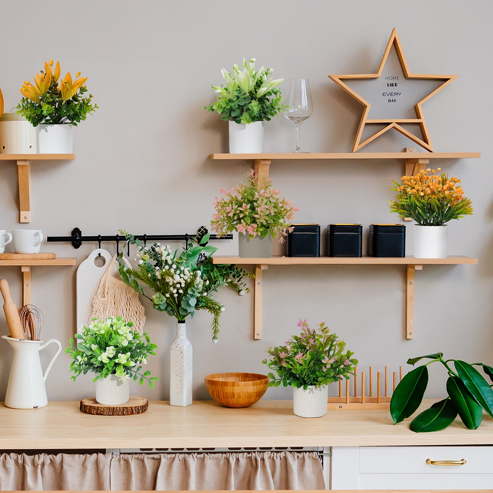 Artificial Plants Samll Fake Flower in Pot 6pcs Potted Plant for Home Office Farmhouse Bathroom Shelf Decor Indoor 7.9x7.9inch