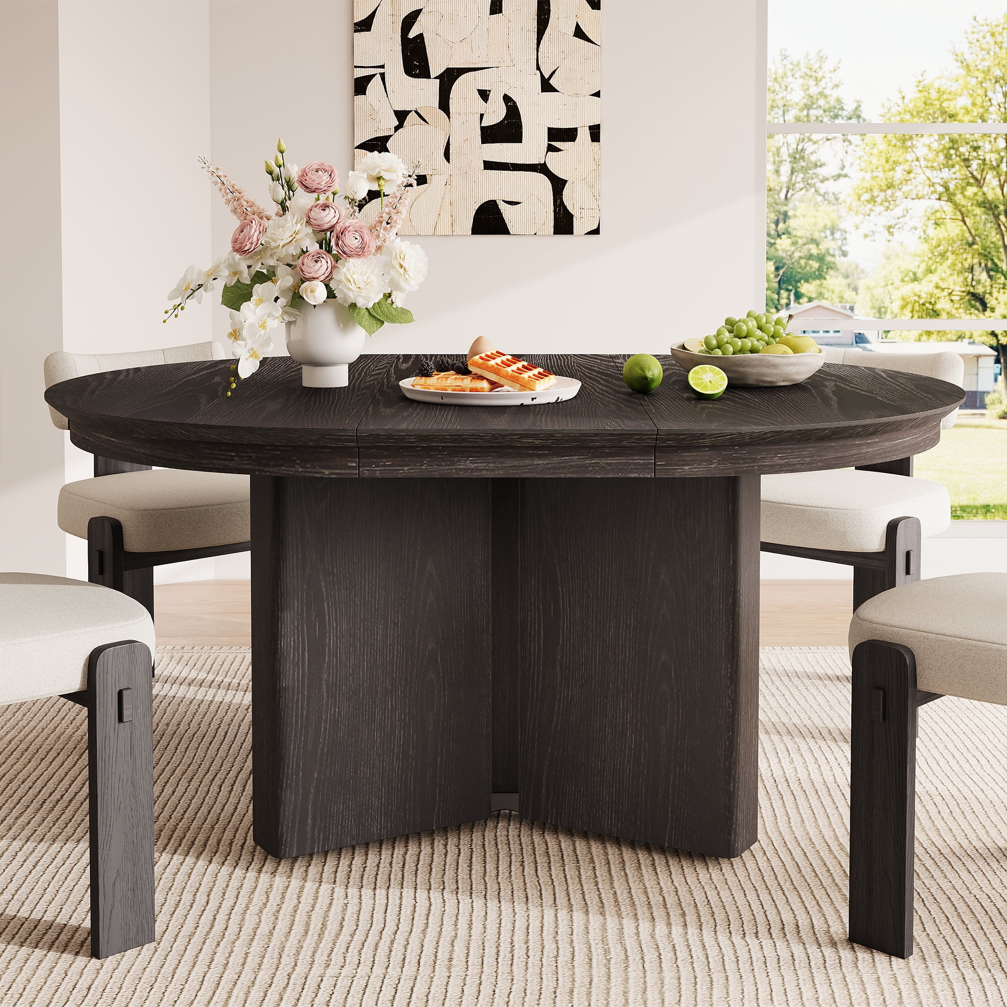 42-58 Inch Extendable Oval Dining Table with Pedestal Base, Modern Farmhouse Kitchen Table and Dining Room Centerpiece, Espresso