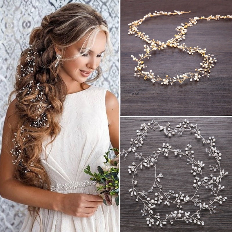 Long Wedding Hair Vine Crystal Pearl Headband Bridal Accessories Gold Silver 