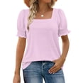 thumbnail image 2 of Women's Square Neck Short Sleeve Loose Fit T-Shirt Tops Blouses Solid Color Casual Daily Wear Vacation Travel Fashion Essential Gift for Women | Sopatenor,Hot Pink XL, 2 of 8
