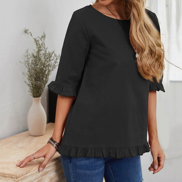 Aqestyerly Hauts pour Femmes Décontractés Mode Féminine Couleur Unie Manches Courtes Blouse Col Rond Volants Hauts Décontractés