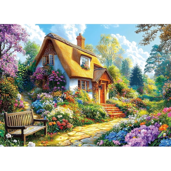 Cottage Garden 1000 Piece Jigsaw Puzzle for Adults, Colorful Floral Landscape with Thatched Roof House Theme