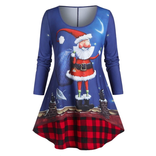 Más el tamaño de la tela escocesa de Santa Claus camiseta impresa Rosegal Mangas largas de talla grande