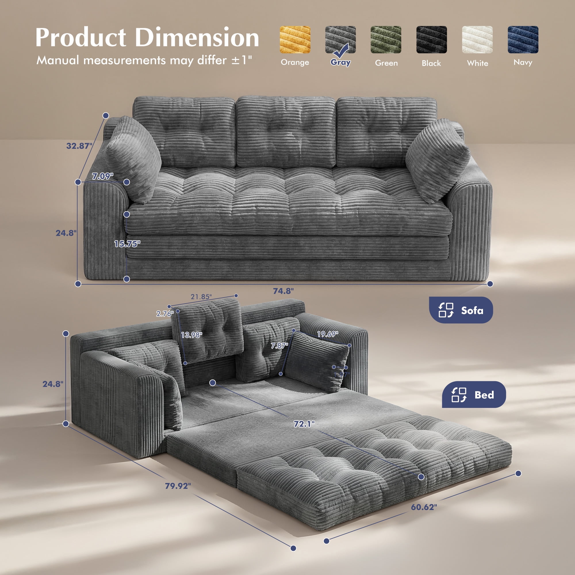 EnHomee 74.8" Foldable Sofa for Adult 3 Seater Sofa Bed Couch with Deep Seat Adjustable Floor Sofa Couch with 5 Pillows,Grey