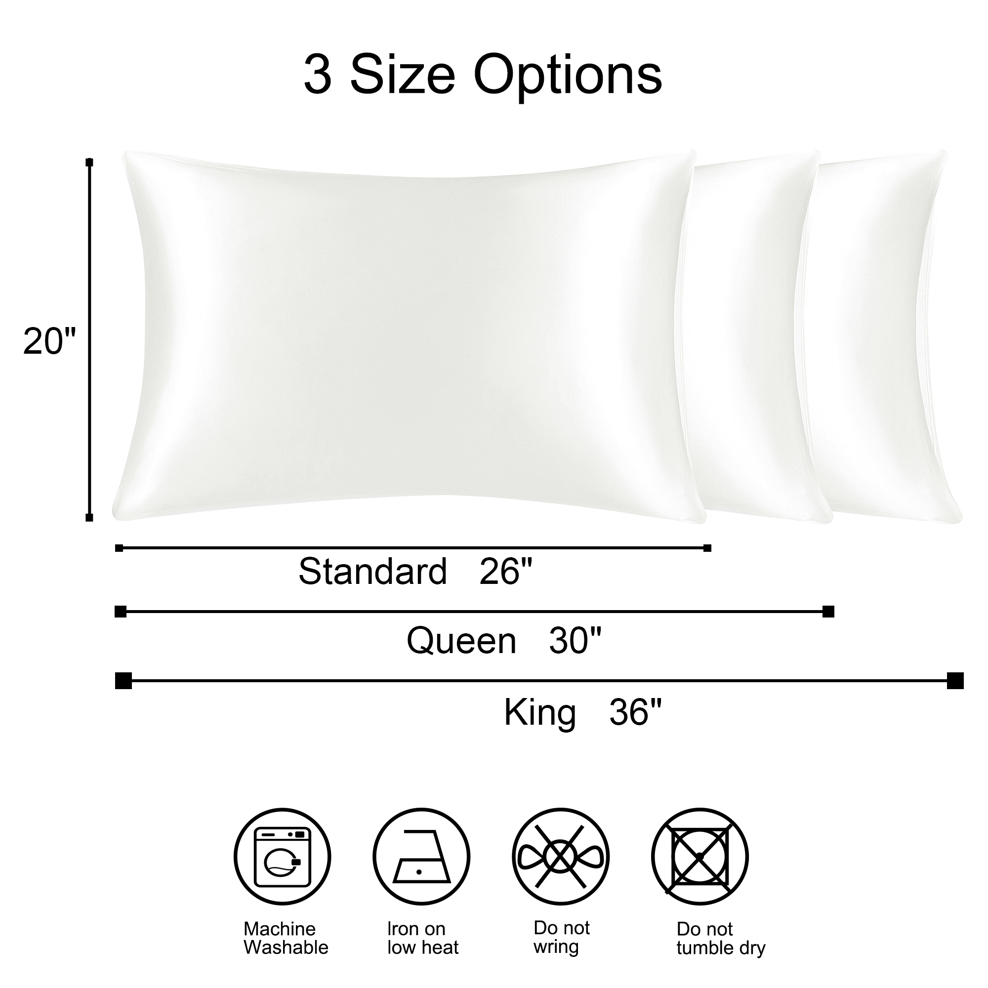PiccoCasa 1Pc 19 Momme Silk Pillowcase with Envelope Closure Pure White King/20"x36"