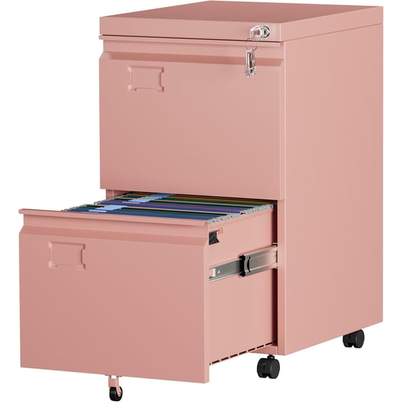 2 Drawer File Cabinet with Wheels, Lockable Metal Filing Cabinet with Business Card Slot for Legal/Letter Size for Home Office, Required Assembled,Pink