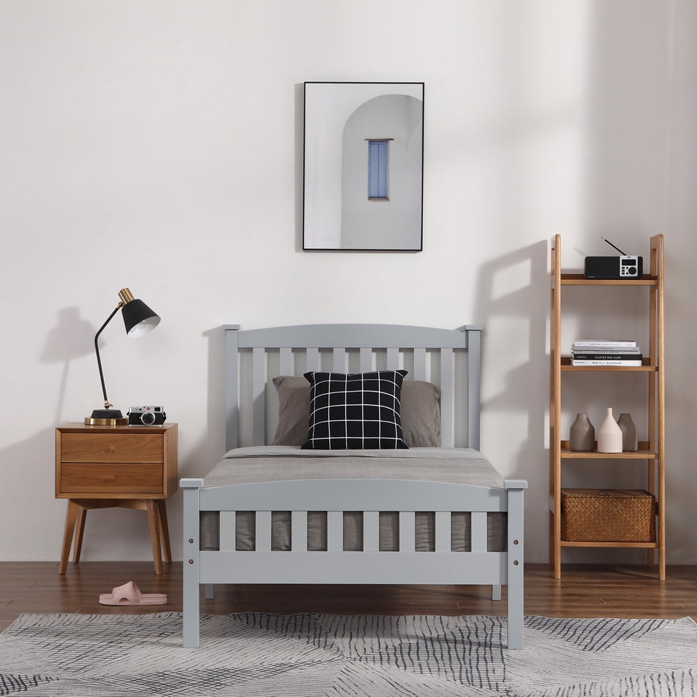 Gray Twin Bed Frame, Twin Size Wood Platform Bed Frame with Headboard ...