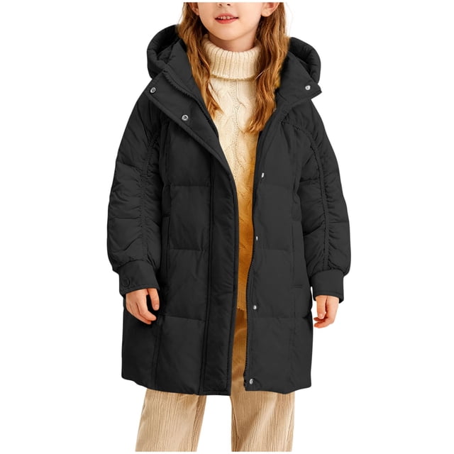 Winter Girls' Mid-Length Down Jacket/Mid-Plus Size Children's Down Jacket/Solid Color Hooded Jacket
