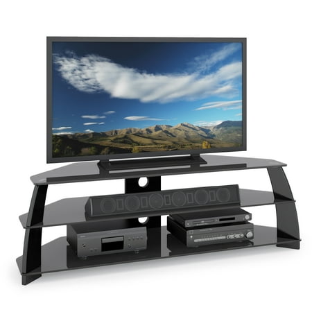 tv stand glass shelves corliving taylor extra wide inch glossy tvs corner tap entertainment