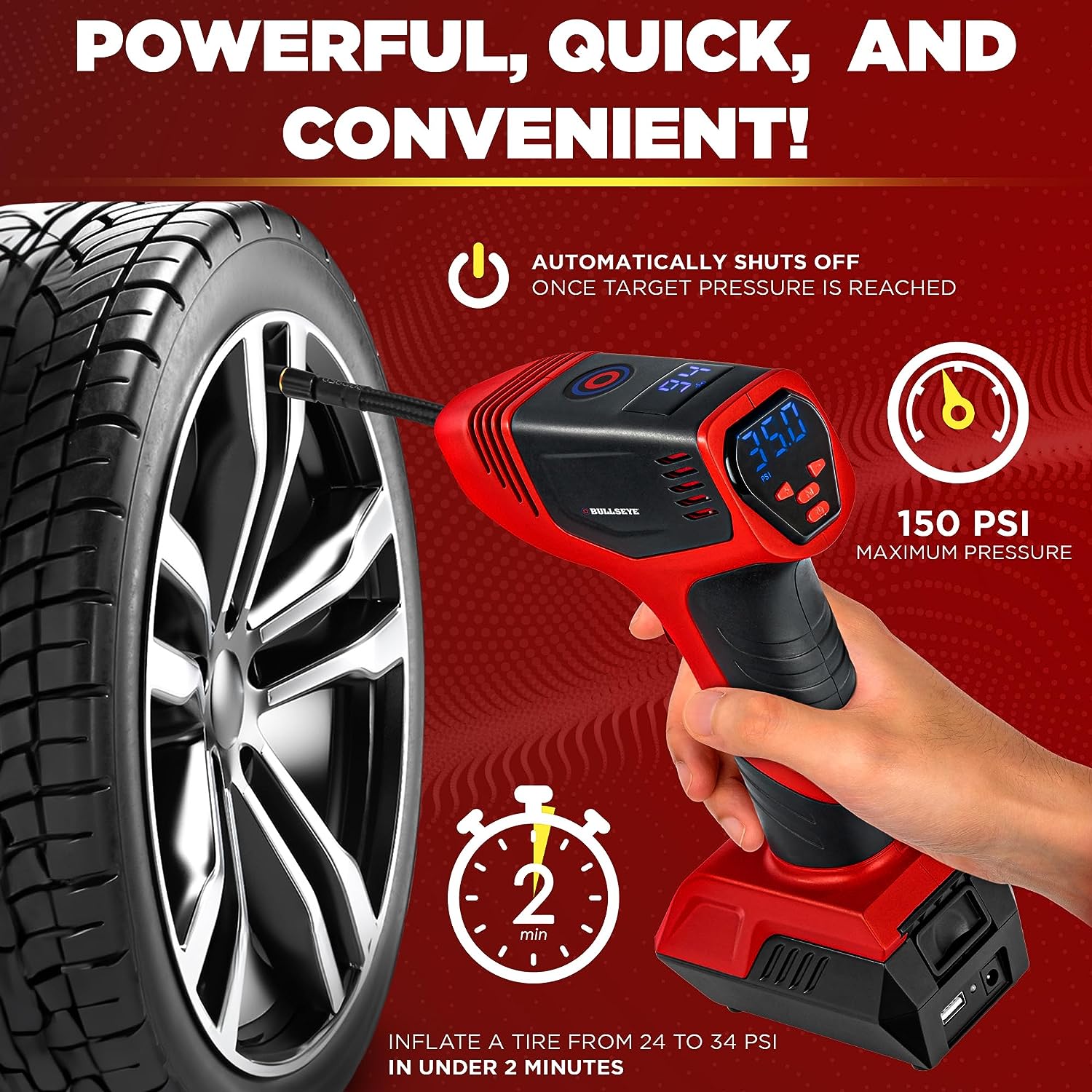 Bullseye Pro Cordless Tire Inflator, 150 PSI Digital photo 5