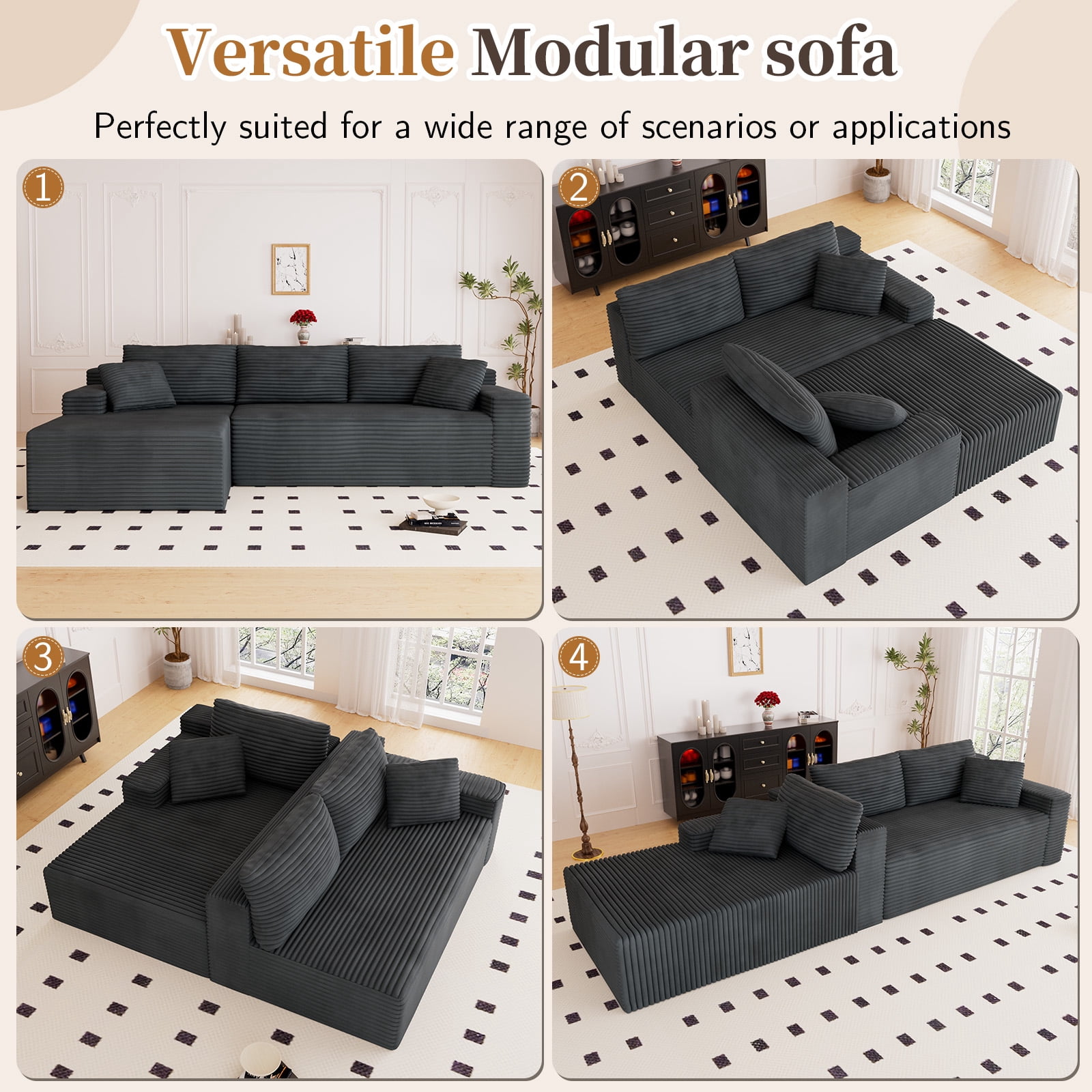 Lunale 105" Modular L-Shaped Sectional Sofa, Boneless Cloud Couch, No Assembly Required, Modern Deep Seat Corduroy Sofa for Living Room, Dark Gray (Left Facing Chaise)