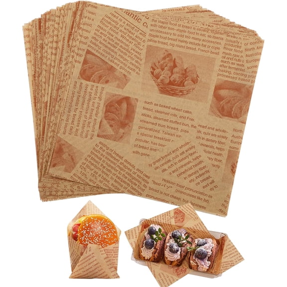 Deli Paper Sheets 100 Pack 7x7 Inch Brown Newspaper Print, Food-Grade Greaseproof Wrapping for Sandwiches Burgers