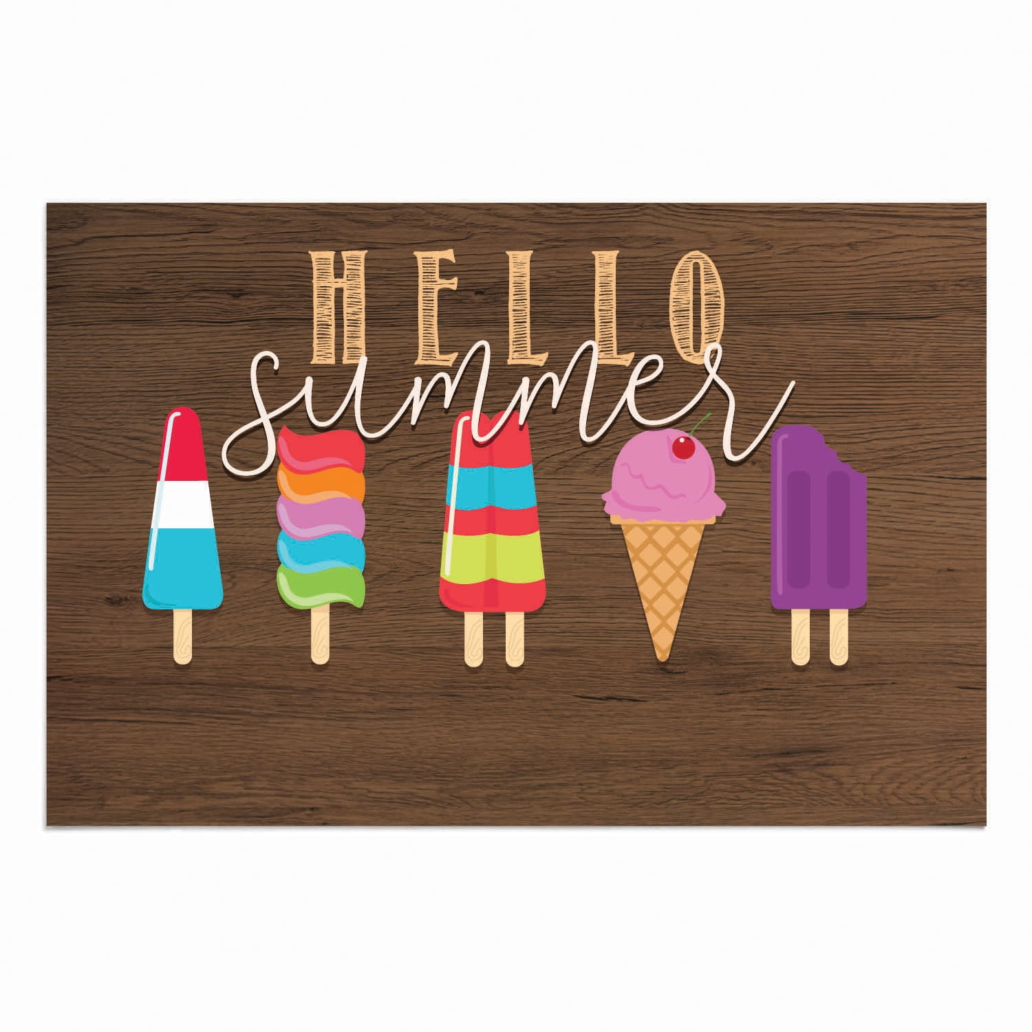 Personalized Planet 27x18 Hello Summer Ice Cream Doormat with Custom Family Name Printed on Brown Rectangular 1/8” Thick Non Slip Mat for Kitchen Hallway Deck or Porch