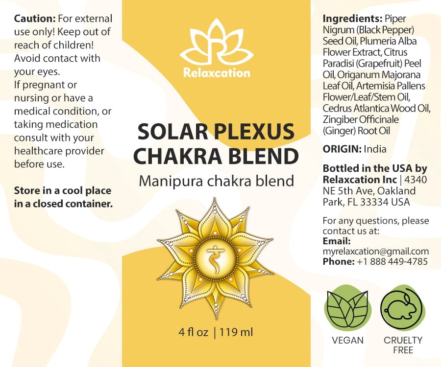 Solar Plexus Chakra Essential Oil Blend (Manipura) – Aromatherapy Diffuser Oil 4 fl.oz by Relaxcation